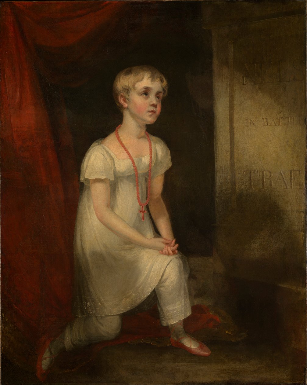 Horatia Nelson knäböjande framför sin fars grav, ca 1807 (olja på duk) av William Owen