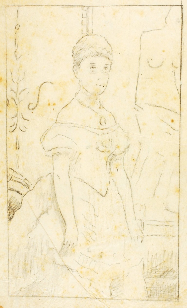 Dam i aftonklänning med figur av Venus från Milo av William Page