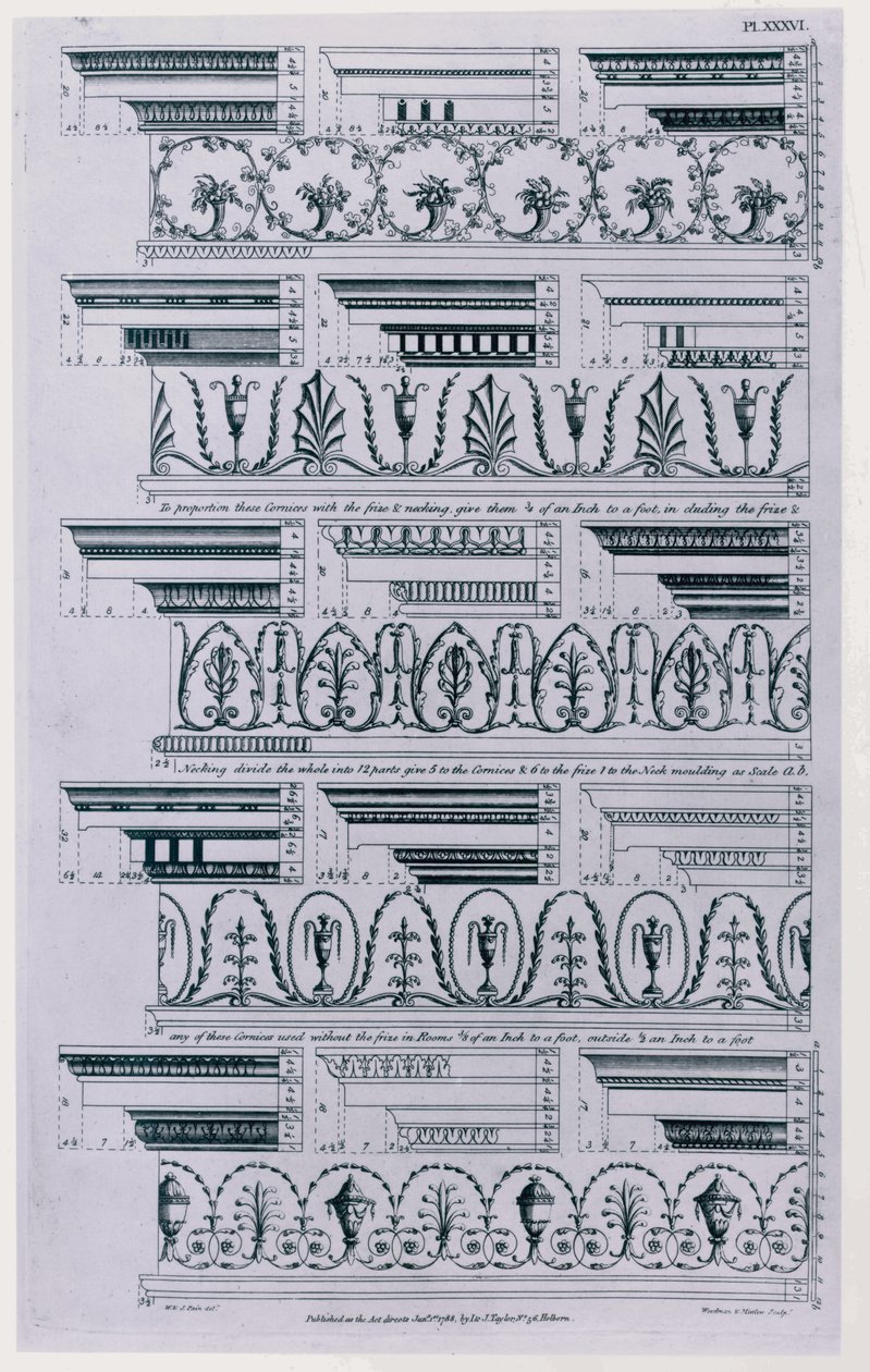 Designs for Cornices publicerade 1788 av William Pain (c.1730-c.1790). 1783 svartvit gravyr av William Pain