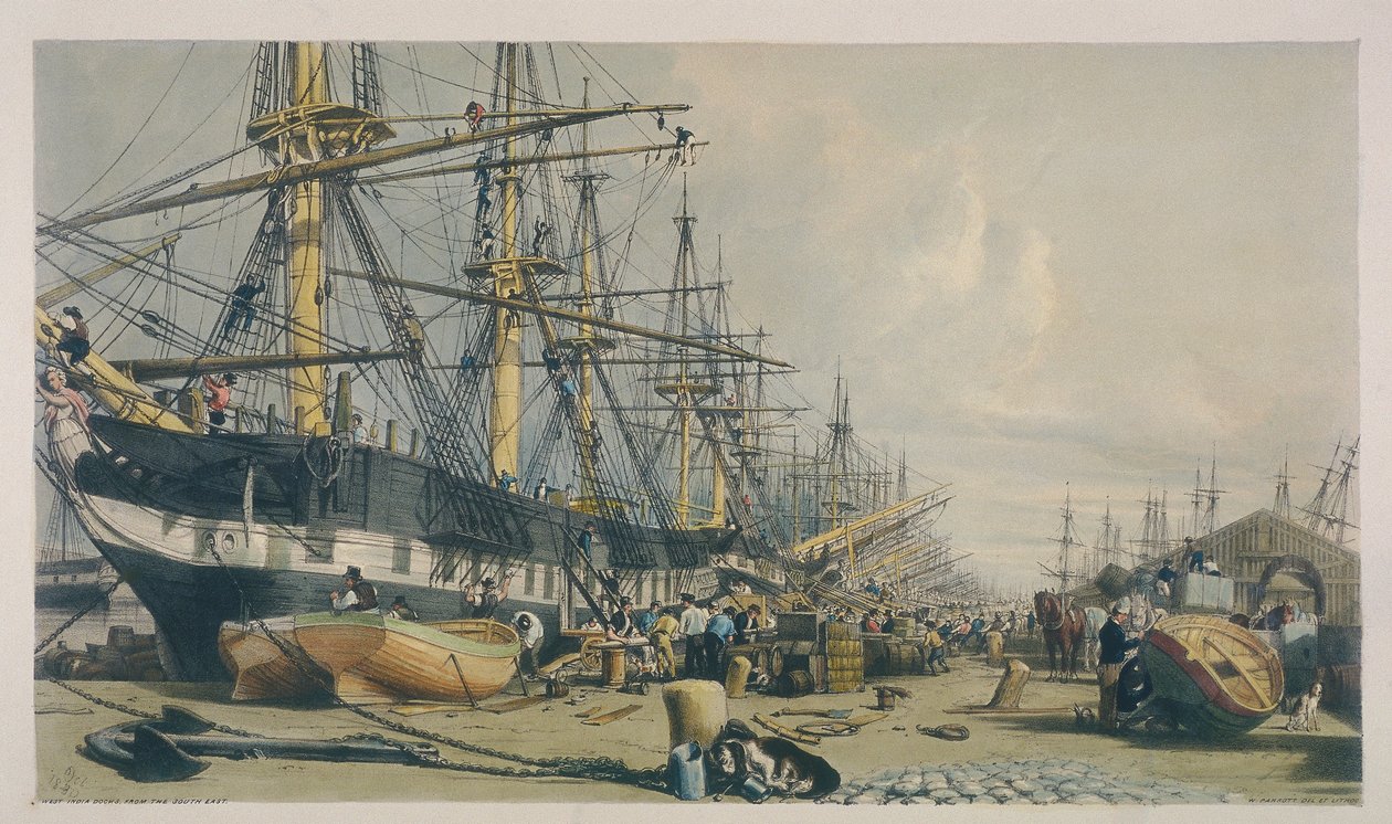 Utsikt över West India Docks från sydost, 1840 av William Parrott