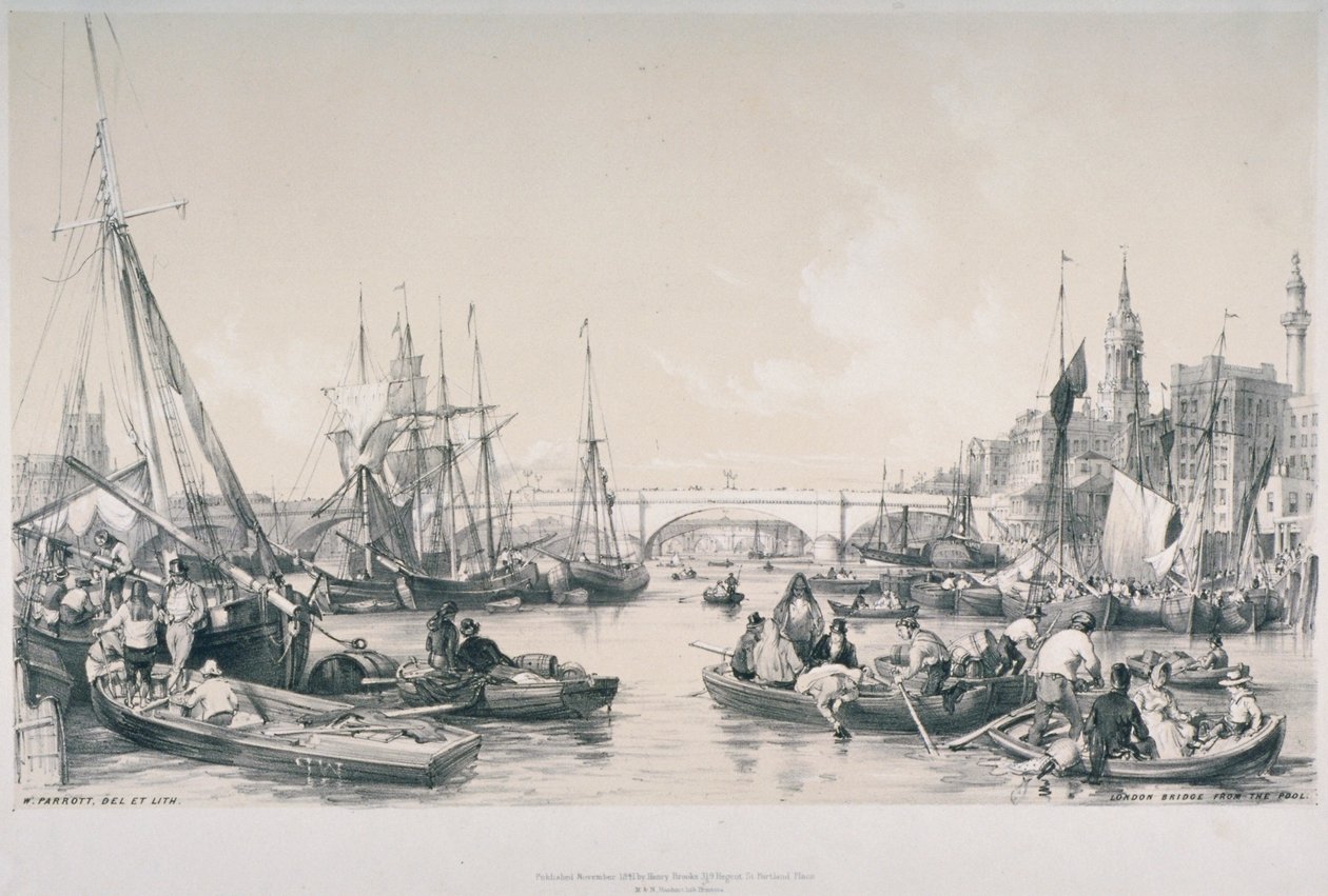 Utsikt över den nya London Bridge från Themsen, 1841 av William Parrott