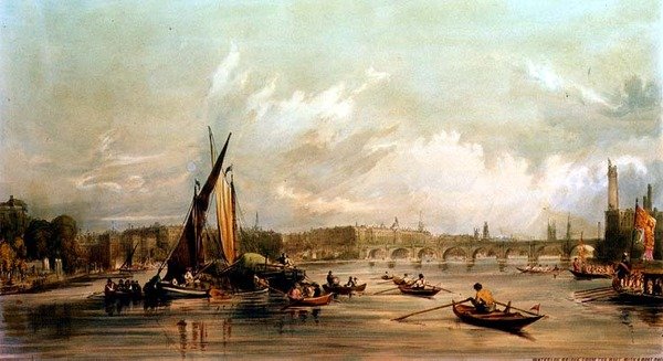 Waterloo Bridge från väst med en båtkapplöpning (litho) av William Parrott