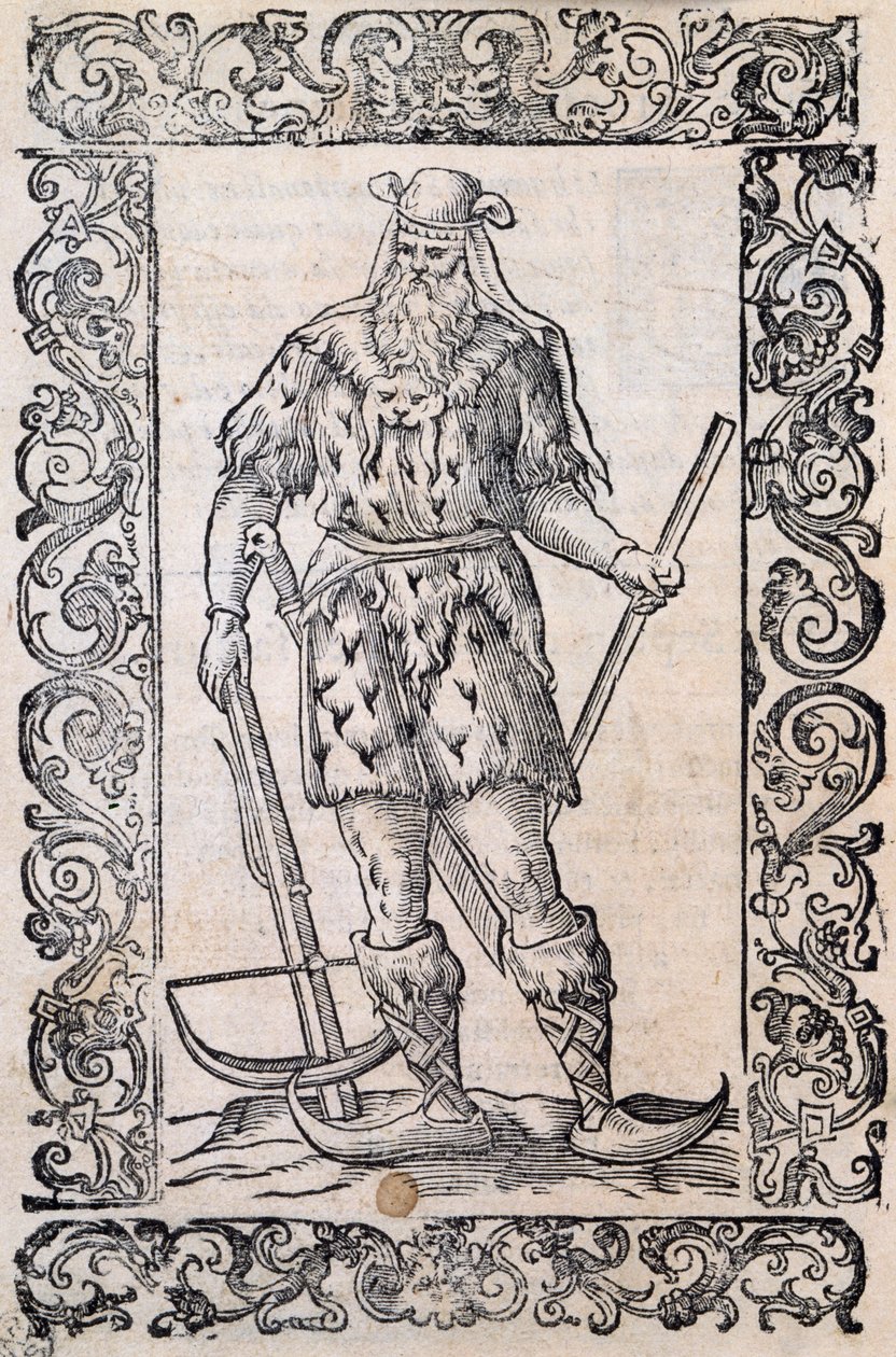 Man med pälsklänning, armborst och skor med vriden spets (exempel på rudimentära skidor), illustration tillskriven Cesare Vecellio (1521-1601), publicerad i Italien på 1500-talet av Nicolas Toussaint Charlet