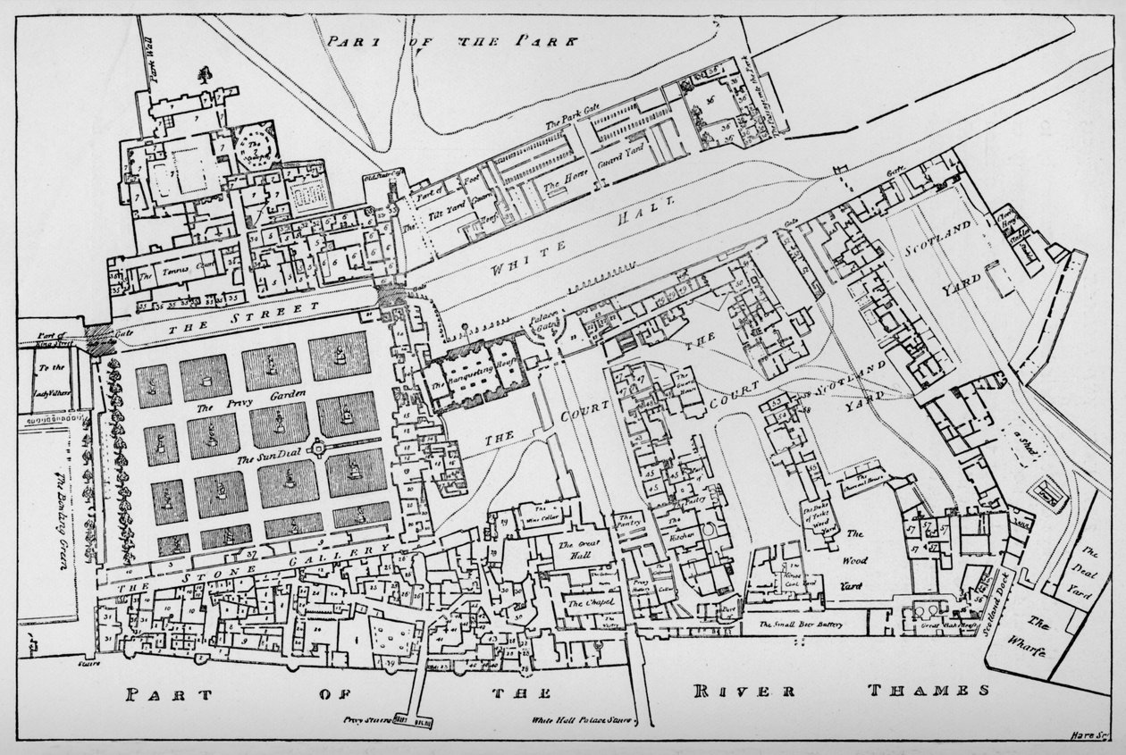 En förminskad kopia av Fishers Ground Plan av Royal Palace of Whitehall, tagen under Reign of Char av William Patten