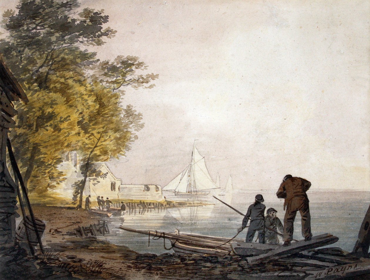 Cowes Castle med båtförare på stranden (akvarell) av William Payne
