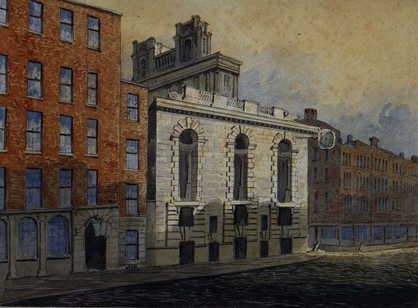 Lombard Street South, med St. Mary Woolnoth, ca 1815 (akvarell) av William Pearson