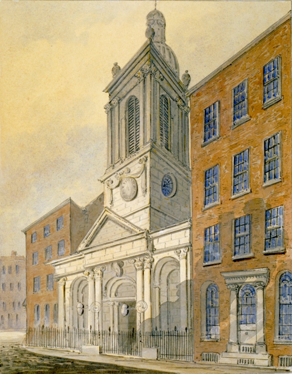 Nordostvy över Church of St Peter-le-Poer och Old Broad Street, City of London, 1815 av William Pearson