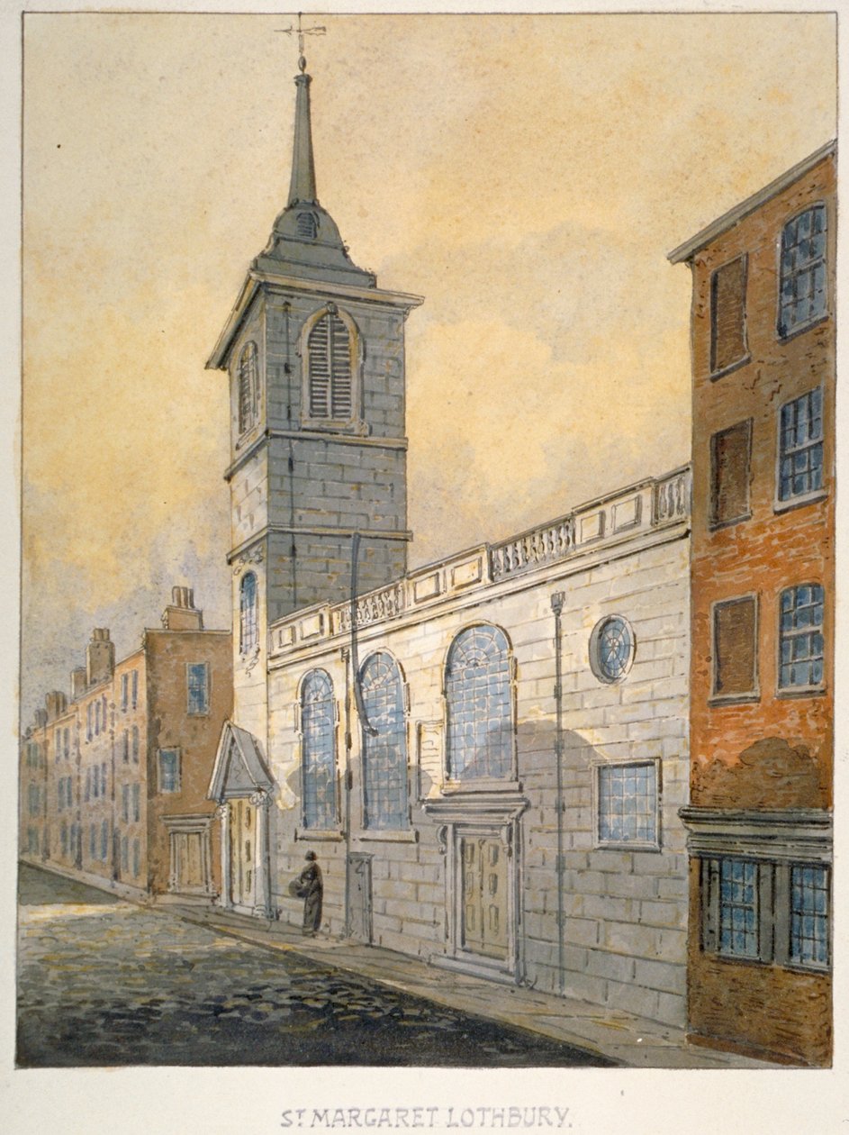 Sydostvy över Church of St Margaret Lothbury, City of London, 1815. av William Pearson