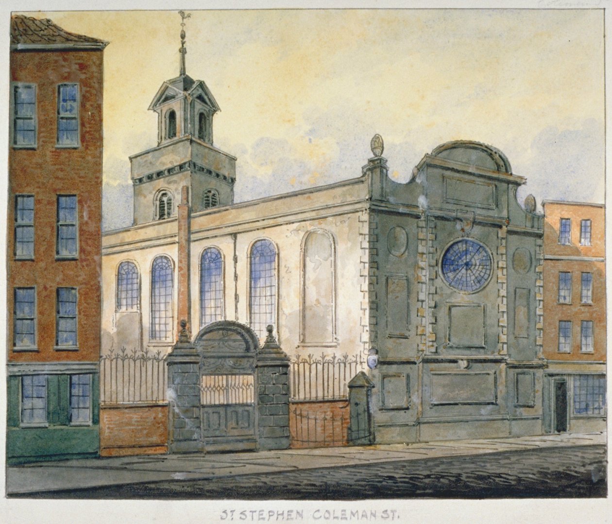 Sydostvy över Church of St Stephen, Coleman Street, City of London, 1815 av William Pearson