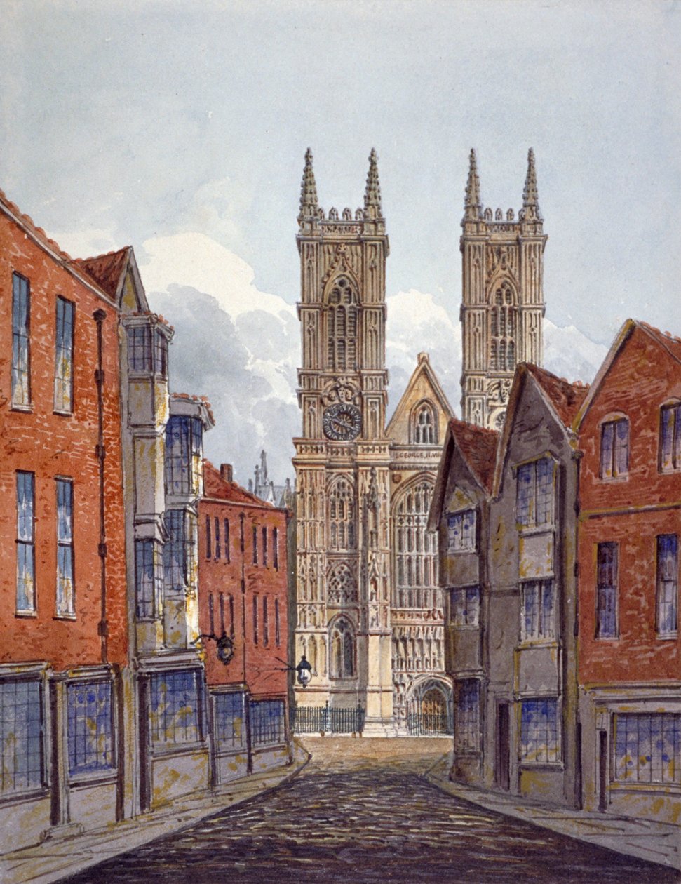 Vy över västra änden av Westminster Abbey, med utsikt från Tothill Street, London, c1815 av William Pearson