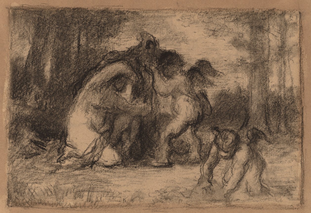 Skogbevuxen landskap med Putti som hjälper en kvinna att klä av sig av William Perkins Babcock