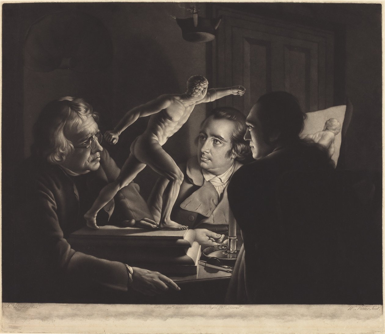 Tre personer som tittar på gladiatorn i levande ljus av William Pether after Joseph Wright