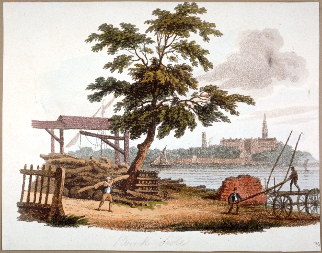 Men flyttar timmer vid Bankside, Southwark, London, c1810 av William Pickett