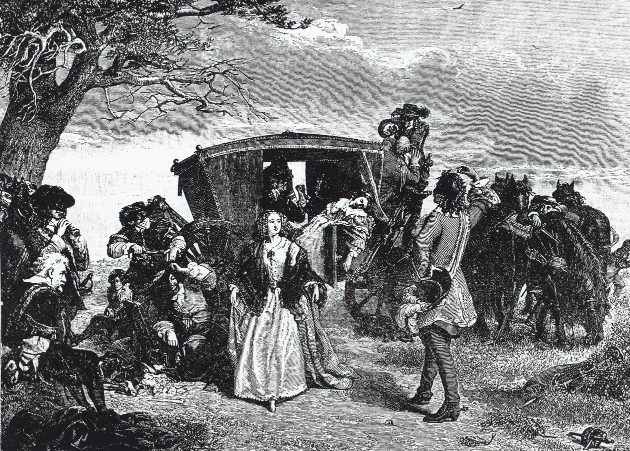 Stöldliggaren Claude Duval avbildad i det legendariska ögonblicket då han vägrar att ta med sig hela sitt byte om hustrun till hans offer dansar en "courante" med honom på Hounslow Heath (gravyr). av William Powell (after) Frith