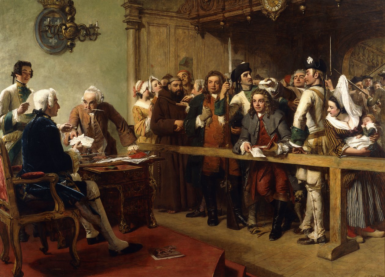 Hogarth ställdes inför guvernören i Calais som spion, 1851 av William Powell Frith