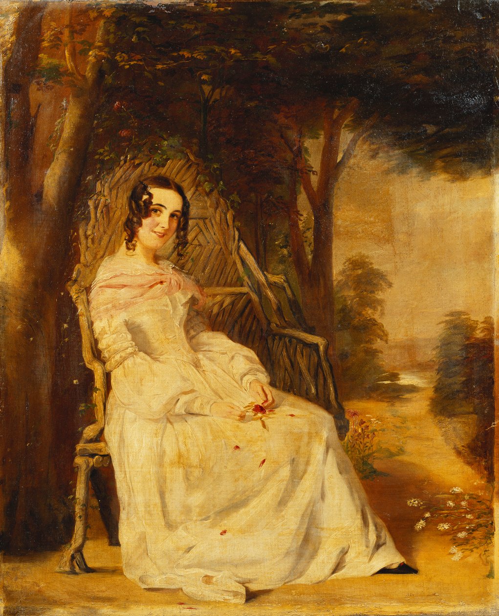 Porträtt av Mary Freer sittande liten i full längd på en trädgårdssits, av William Powell Frith