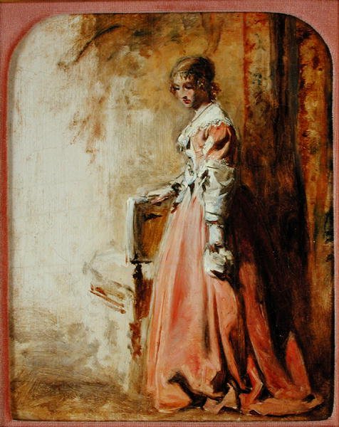Den rosa klänningen (olja på papper) av William Powell Frith