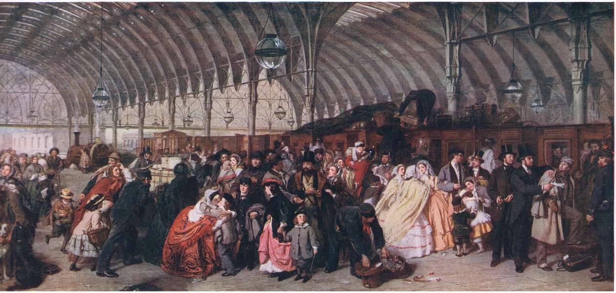 Järnvägsstationen, från Cassells History of the British People utgiven av Waverley Book Company Limited, ca 1940. av William Powell Frith