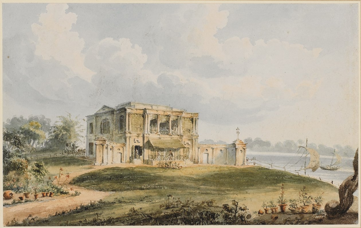 Utsikt över Charles Prinseps hus, Ishura vid Hooghlyfloden (svart krita, penna och brunt bläck med akvarell på papper) av William Prinsep