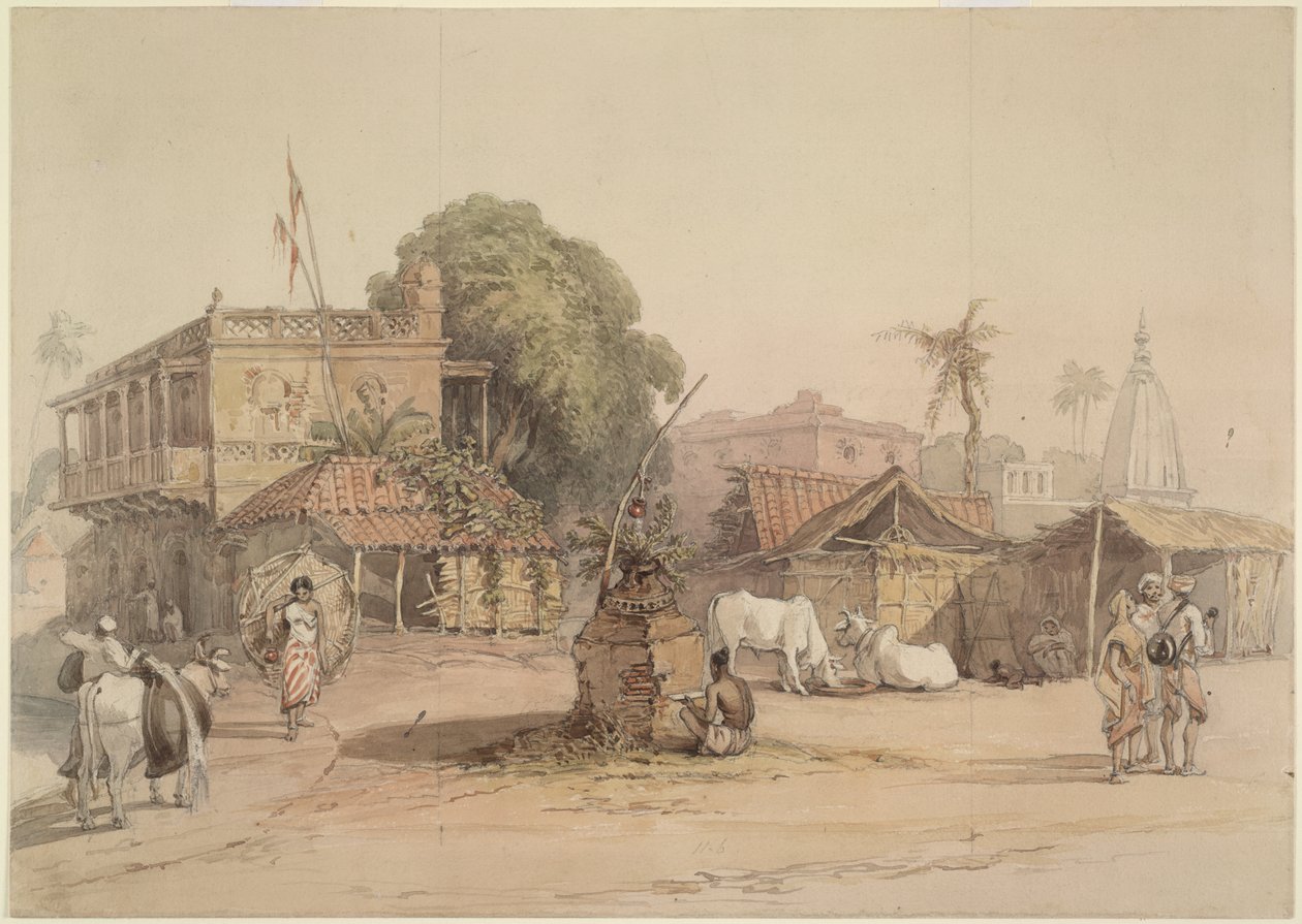 Byscen med ett litet "tulsi"-altare och en vattenbärare med sin tjur, Indien ca 1830-40 av William Prinsep