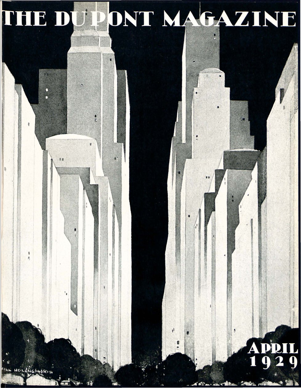 Skyskrapor, framsidan av DuPont Magazine, april 1929 av William R. Jr. Hollingsworth