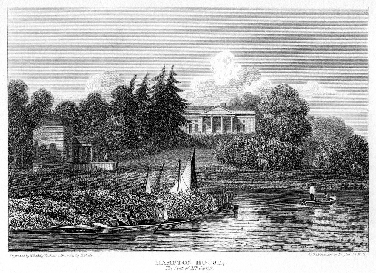 Hampton House, säte för Mr Garrick, Hampton, Richmond upon Thames, London, 1815. av William Radclyffe