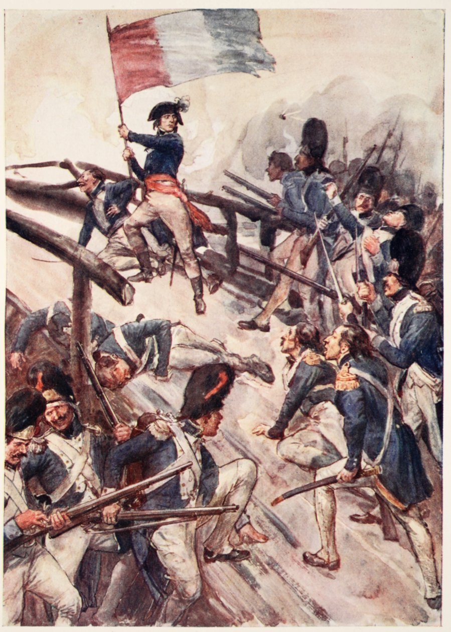 "Han tog en flagga och ledde själv sina män över bron", platta från "The Story of France", av Mary MacGregor, 1920 (litografi i färg). av William Rainey