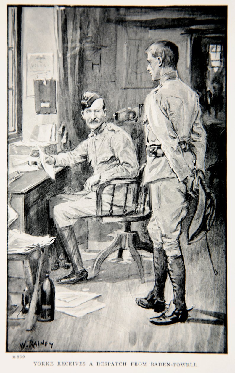 Yorke får ett försändelse från Baden-Powell, en illustration från "With Roberts to Pretoria: A Tale of the South African War" av G.A. Henty, pub. London, 1902 av William Rainey
