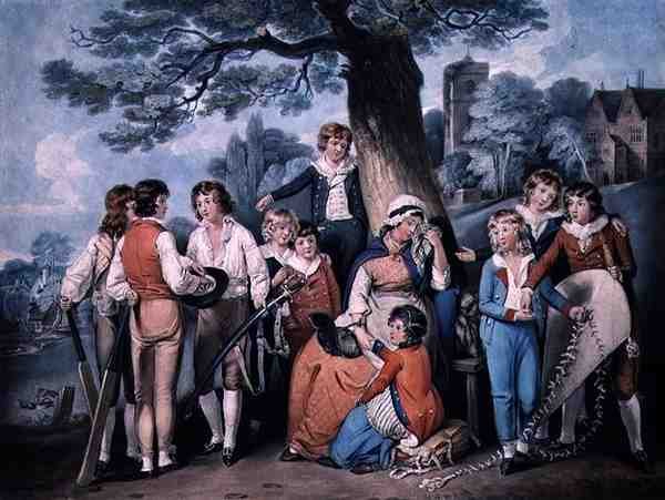 Soldatens änka, eller skolpojksamling, graverad av Robert Dunkarton (1744-c.1817), pub. av James Daniell av William Redmore (after) Bigg