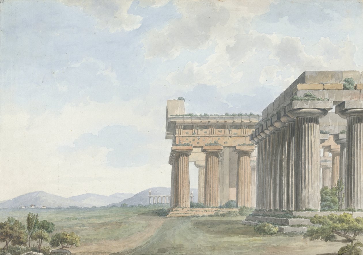 Utsikter i Levanten: Tempelruinerna i Paestum, ca 1785 (wc med penna och bläck över grafit på papper) av William Reveley