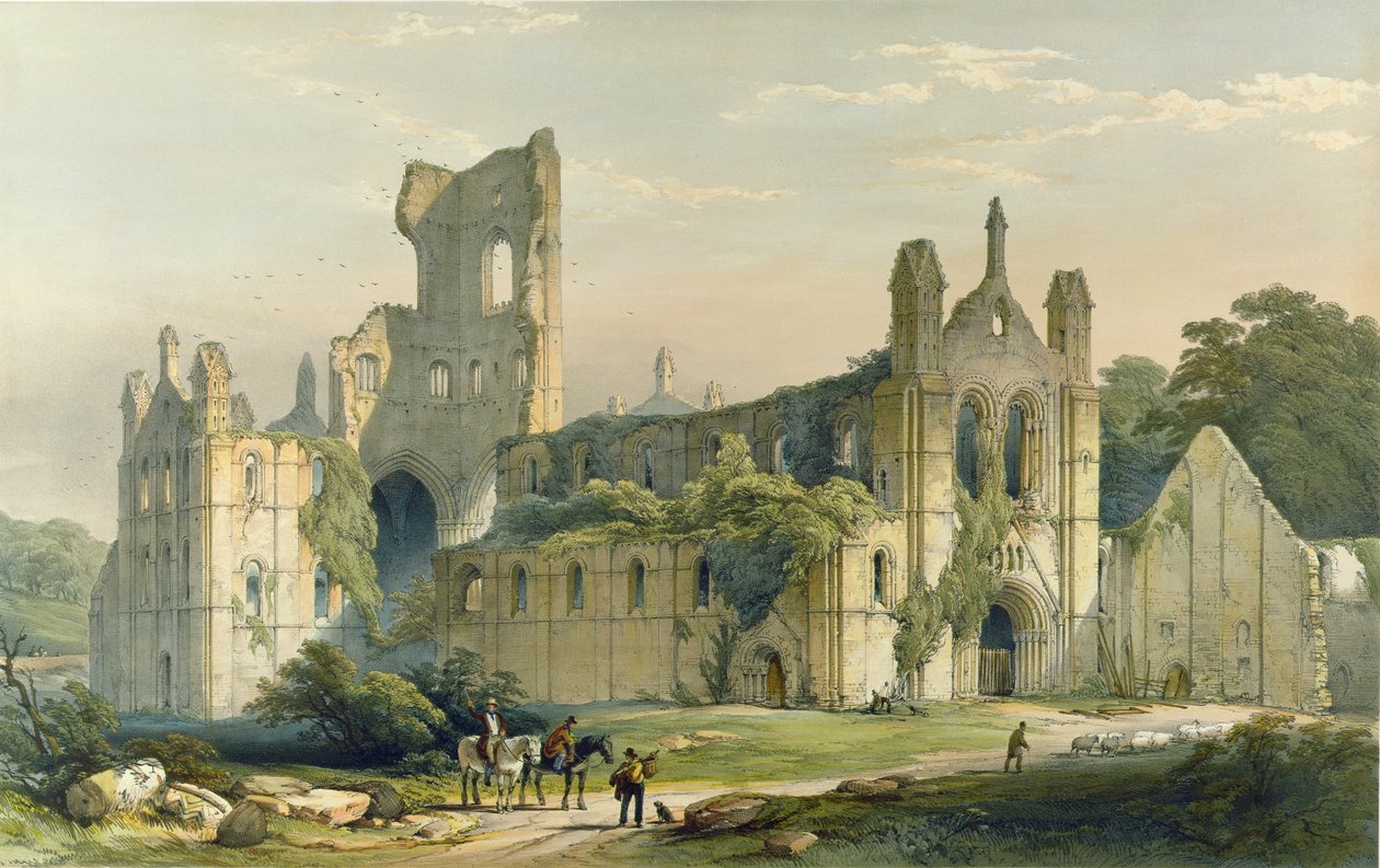 Kirkstall Abbey, sett från nordväst. - Från "Monastic Ruins of Yorkshire", graverad av H. Hawkins av William Richardson