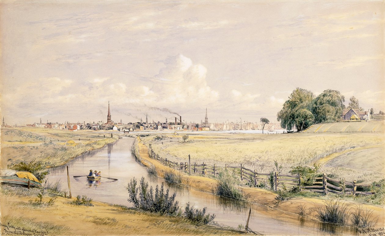 Jersey City med en glimt av New York från Bergenskanalen, 1854 av William Rickarby Miller