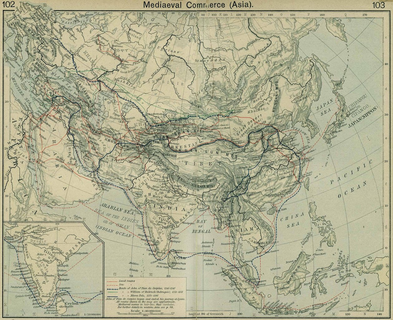 Medeltida handel Asien. Från The Historical Atlas av William Robert Shepherd