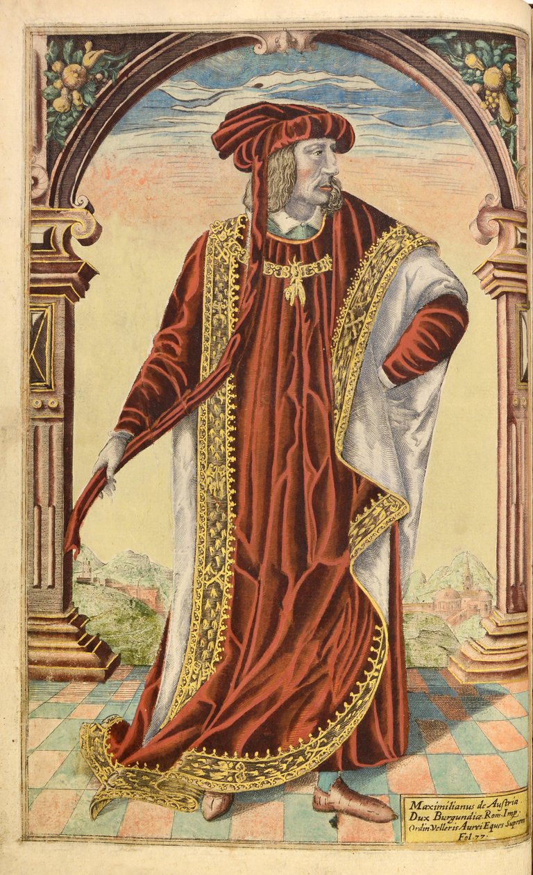 Kejsar Maximilian I, av hedersmilitär och civil, William Segar, pub. Robert Barker, London, 1602 (handfärgad gravyr) av William Rogers