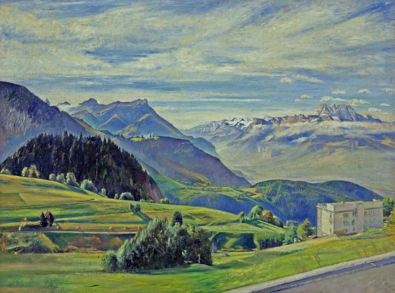 Le Dent du Midi från Leysin, Schweiz (olja på duk) av William Rothenstein