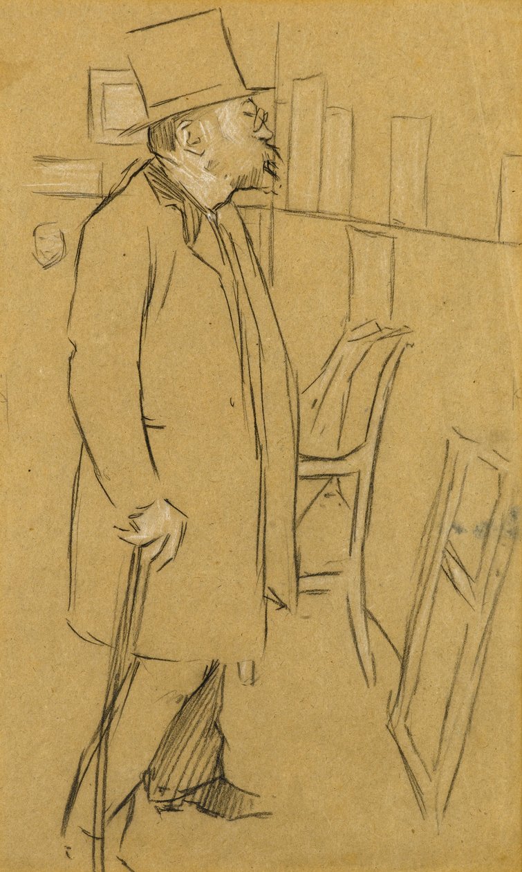 The Connoisseur - Möjligen ett porträtt av Mons. Julien, ca 1890 (kol & vit krita på papper) av William Rothenstein