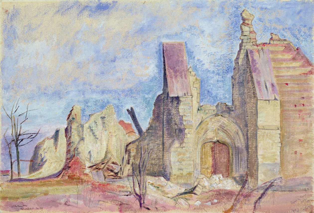 Västfronten, Marchelepot Church (gouache på papper) av William Rothenstein