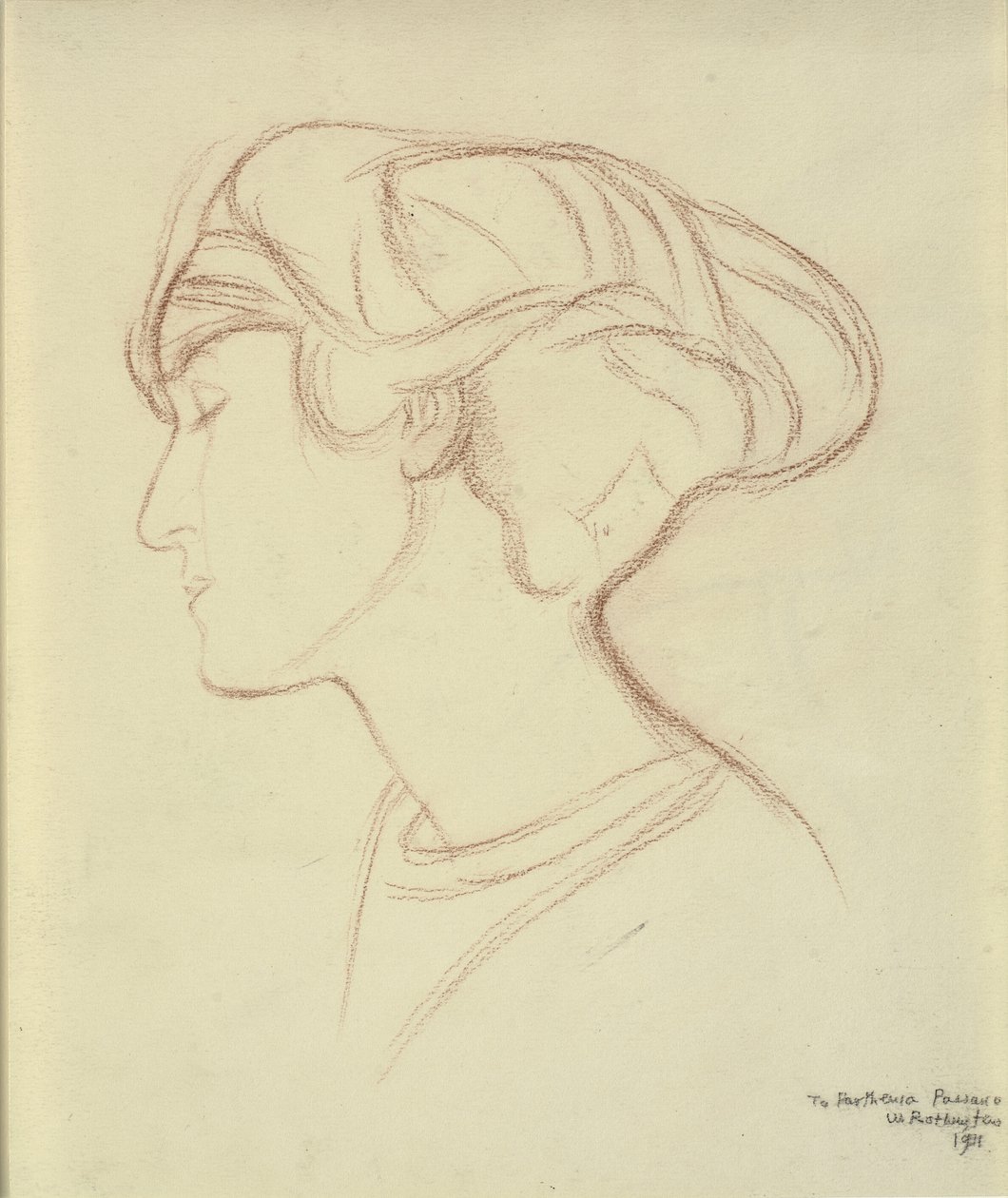 Kvinnans huvud (Parthenia Passano?) i profil till vänster av William Rothenstein