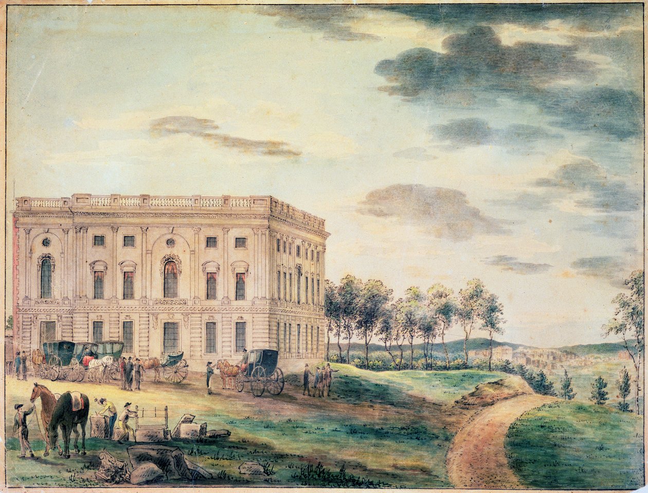 A View of the Capitol of Washington innan den brändes ner av britterna, ca 1800 (wc på papper) av William Russell Birch