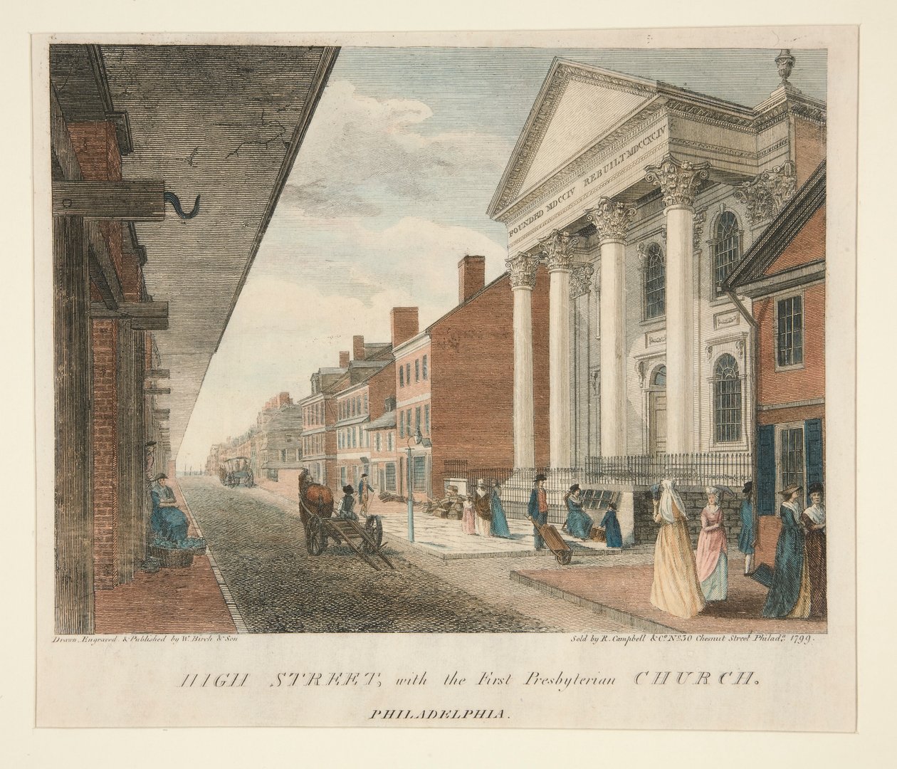 High Street, med First Presbyterian Church, Philadelphia av William Russell Birch