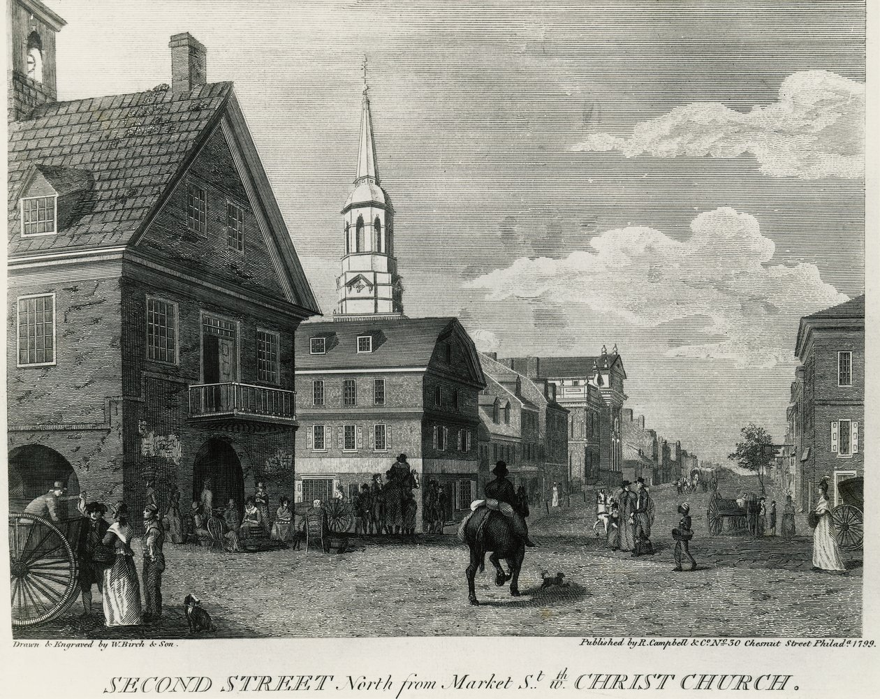 Second Street North från Market Street och Christ Church, Philadelphia, teckning av William Russell Birch (1755-1834), tryckt av R Campbell, USA av William Russell Birch