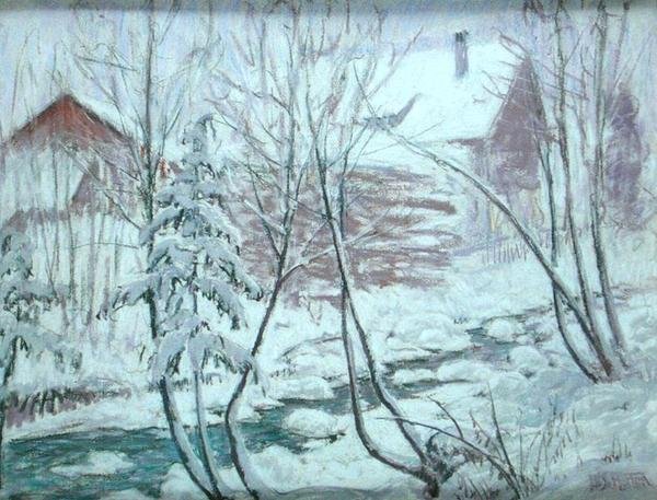 Chalets in the Snow (pastell ombord) av William Samuel Horton