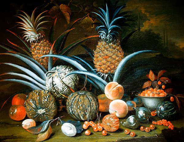 Stilleben med ananas, meloner, persikor, jordgubbar, körsbär och andra frukter (olja på duk) av William Sartorius