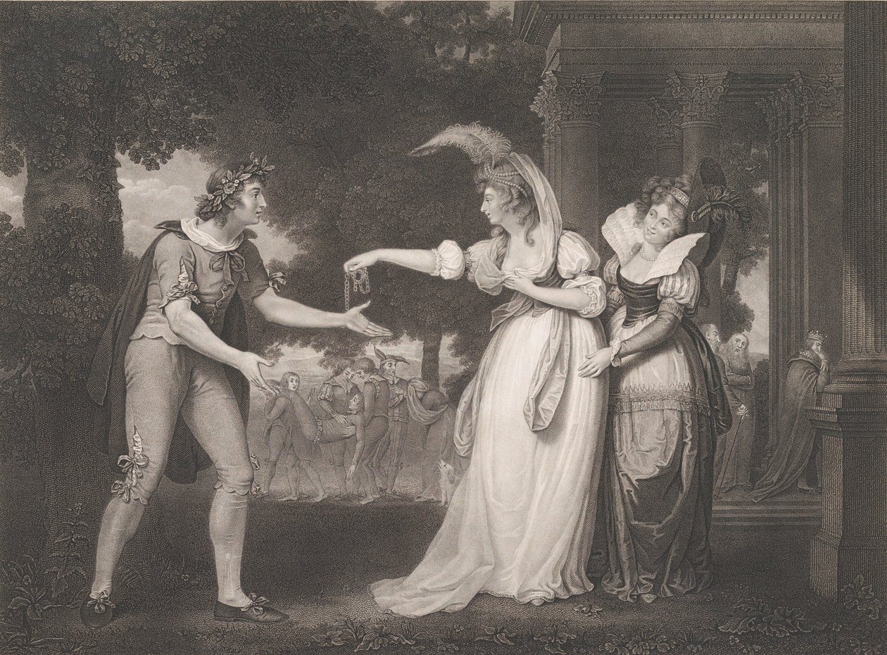 Innan hertigens palats-Rosalind, Celia, Orlando, hertigen..., publicerad första gången 1800, återutgiven 1852. av William Satchwell Leney