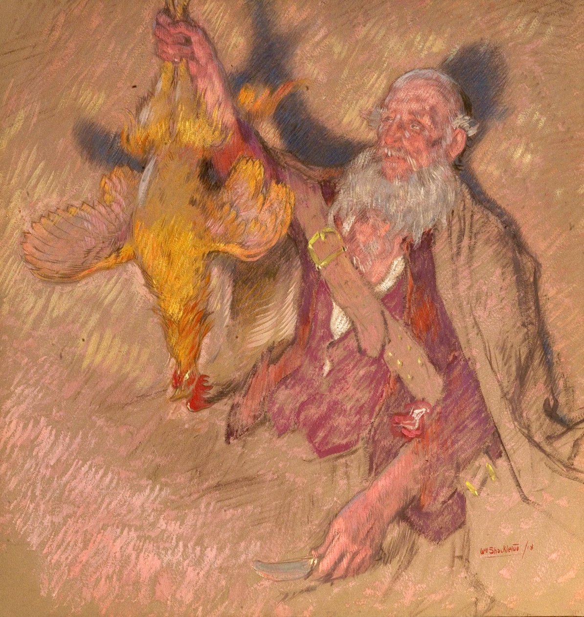 Studie av en man som håller en kuk för Highland Raiders, 1918 (olja på papper) av William Shackleton