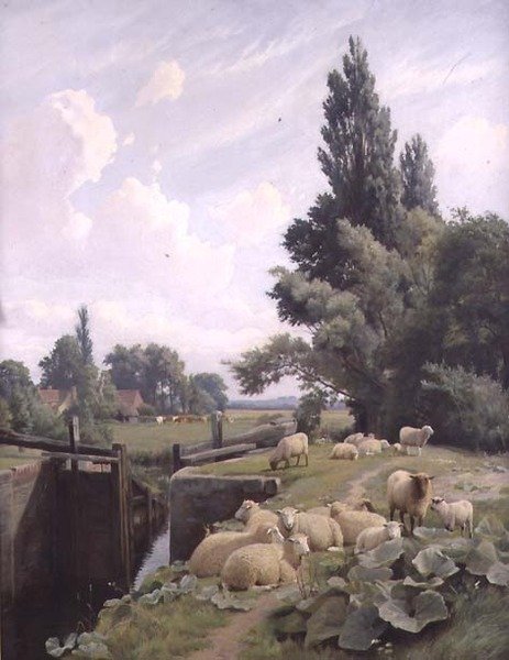 Landskap med en kanalsluss och en fårflock av William Sidney Cooper