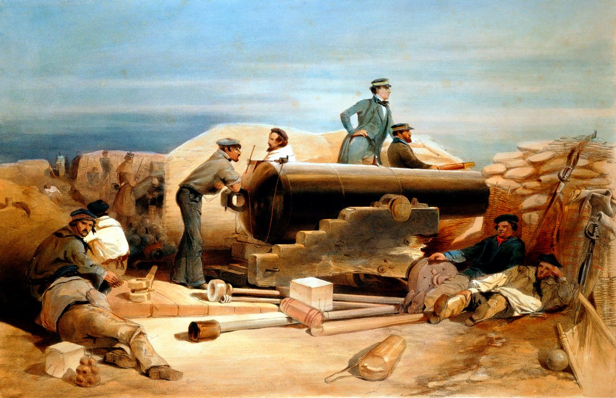 "A Quiet Day in the Diamond Battery - Portrait of a Lancaster 68-punder", Krimkriget 1855-1856 av William Simpson