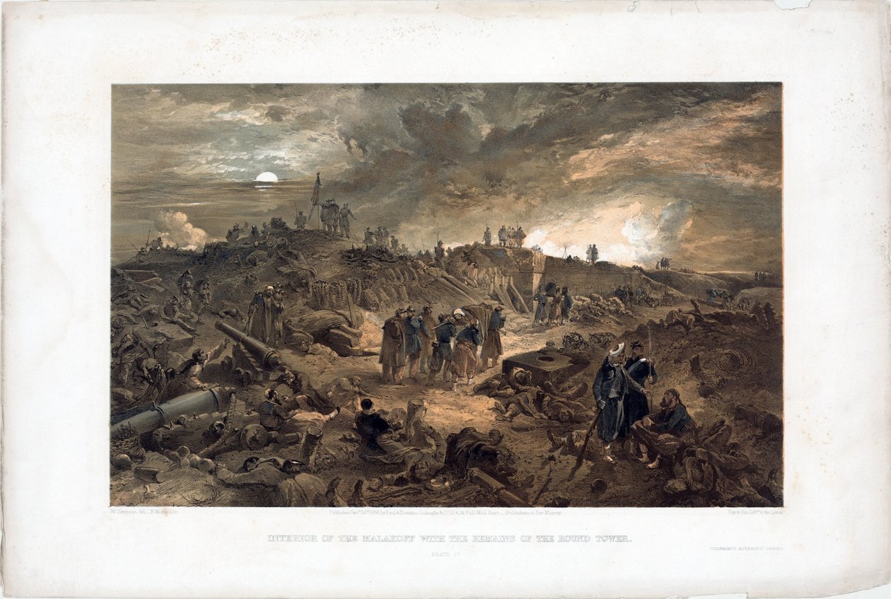 Krimkriget (1853-1856): avsnitt av belägringen av Sebastopol (Ukraina), franska trupper bland ruinerna efter att ha tagit Malakoff-tornet, 8 september 1855 (Efter intagandet av Malakoff den 8 september 1855) - Litografi av William Simpson (18 av William Simpson