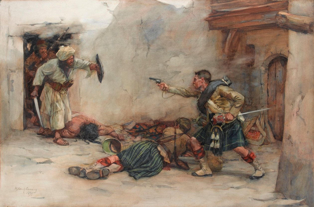 Trummisen James Roddick från 92:a Gordon Highlanders, försvarar löjtnant Menzies under hand-till-hand-strider i Kandahar av William Skeoch Cumming