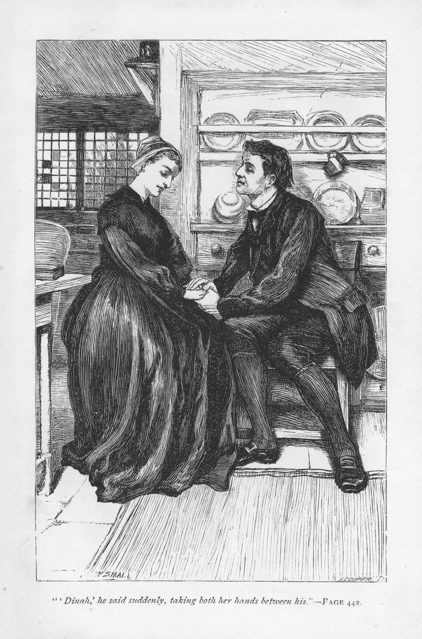 Efter berättelsens prövningar och vedermödor förklarar Adam Bede sin kärlek till Dinah Morris, metodistpredikanten. Adam Bede av George Eliot, publicerad första gången 1859. Illustration av William Small (1843-1929) från en upplaga publicerad c1885. av William Small